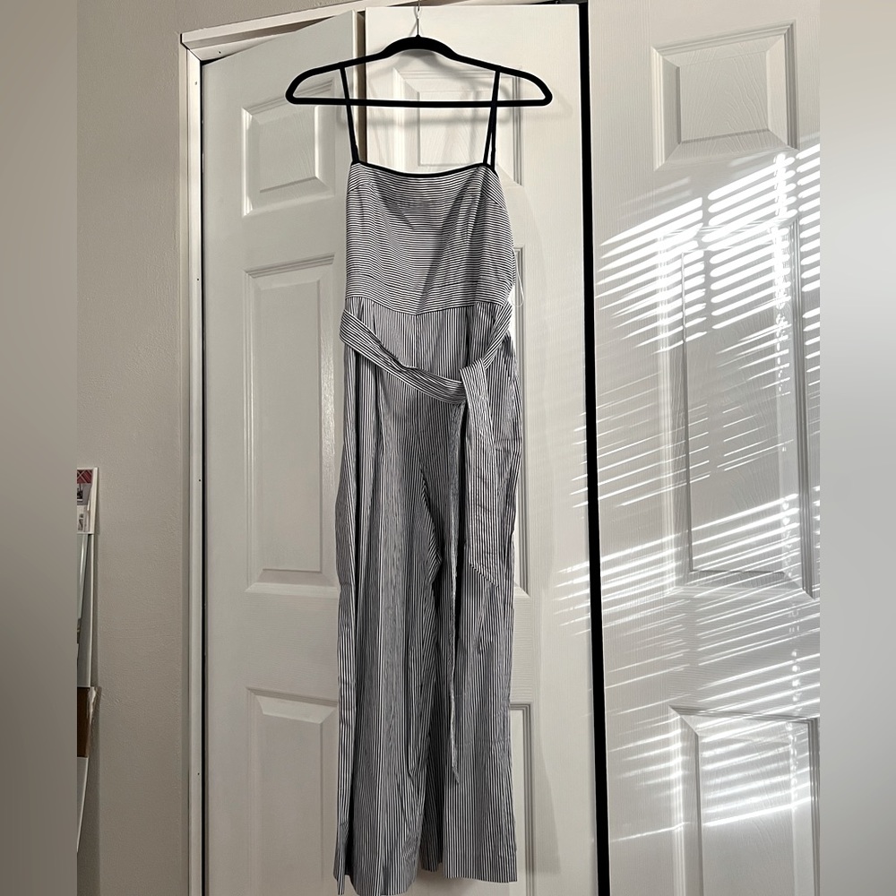 NWT J.Crew size 8 navy and white striped jumpsuit with tie